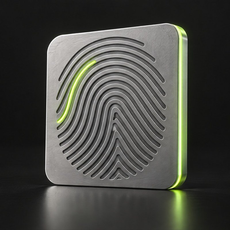 A brushed steel tile machined with fingerprint ridges, one edge lit lime