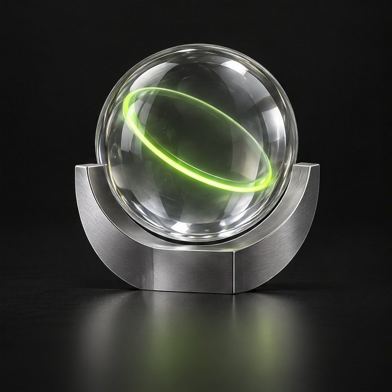 A glass sphere in a steel cradle with a lime ring of light inside