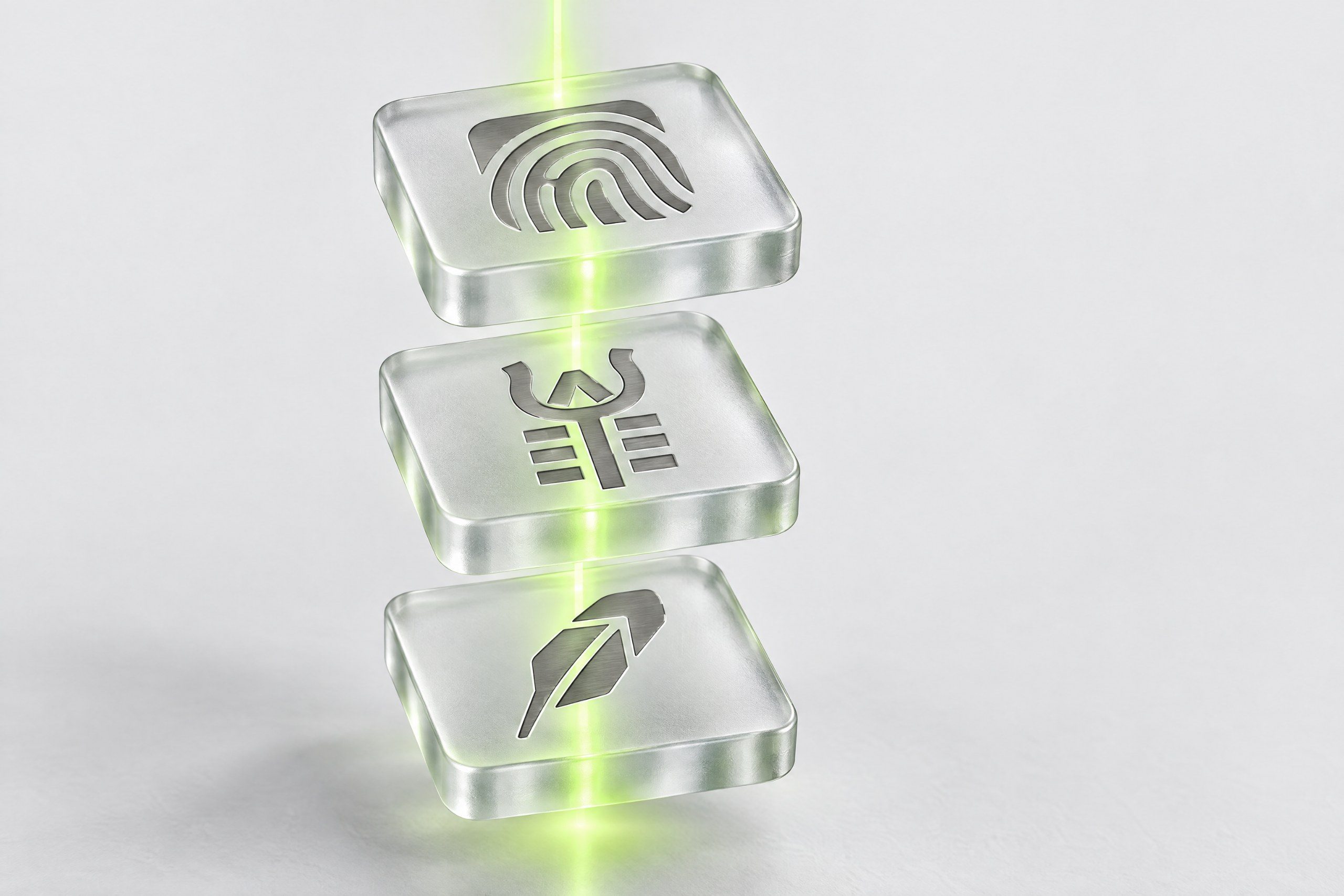 Three stacked frosted glass panes carrying the Fingerprint, Saffron and Robinhood Chain marks, joined by one lime beam