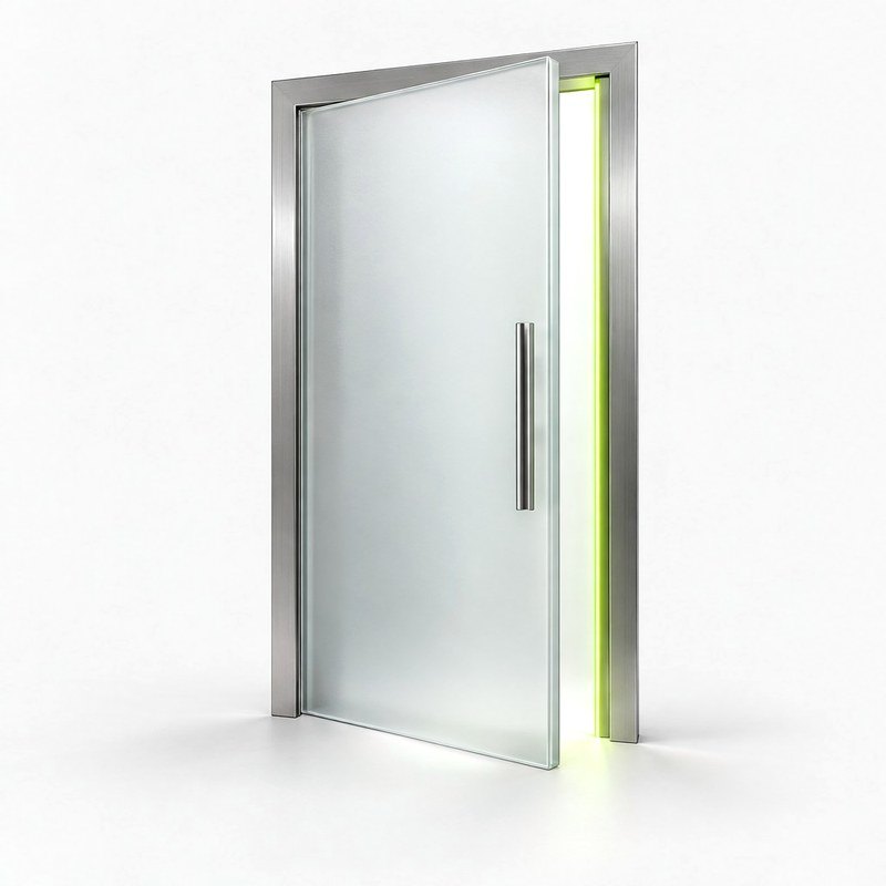 A frosted glass door standing ajar