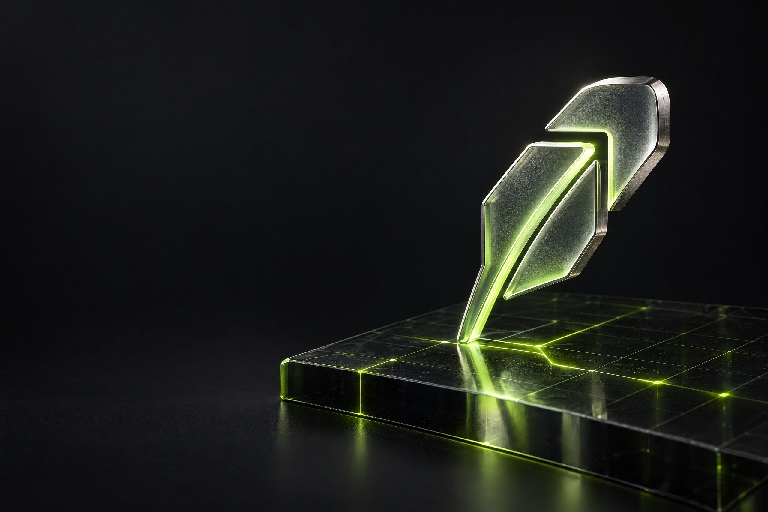 The Robinhood Chain feather cast in glass on a network slab lit with lime lines