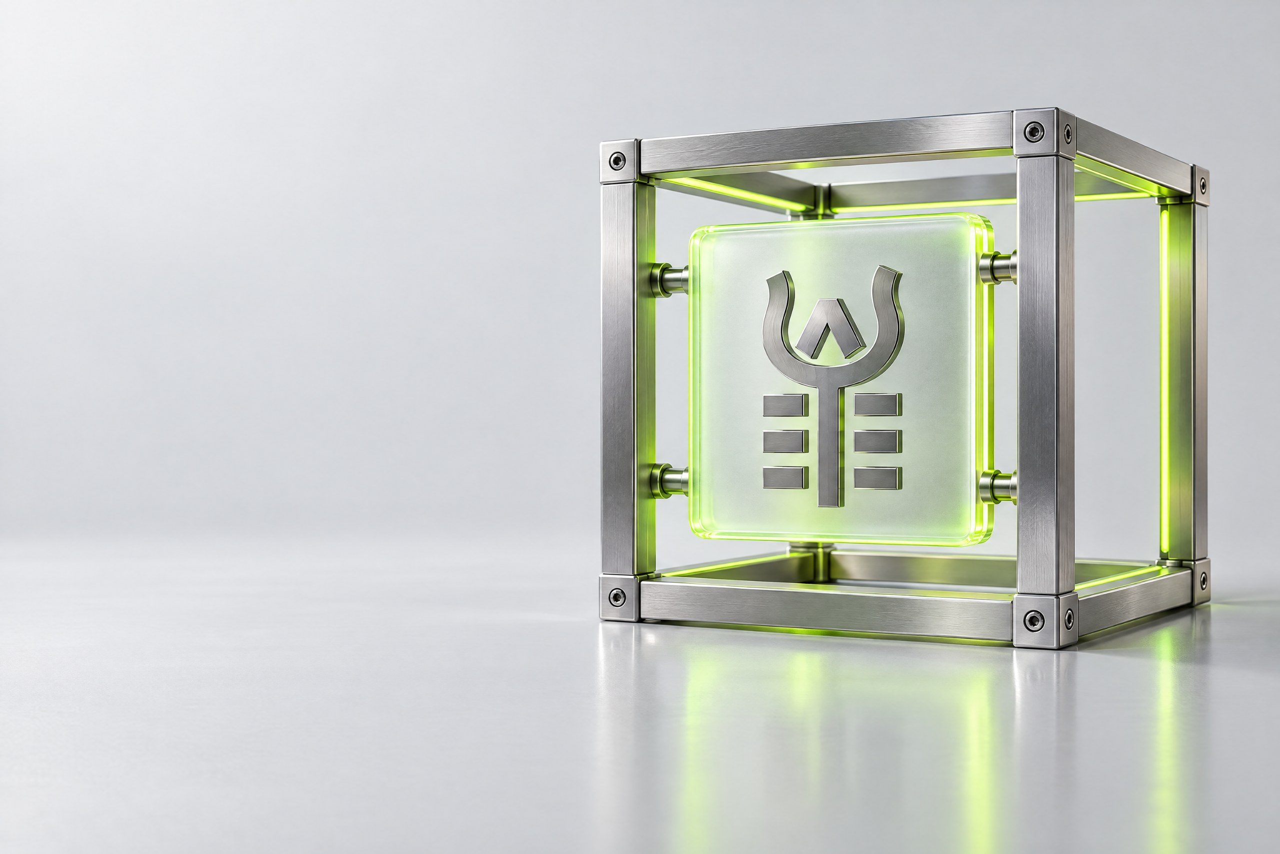 The Saffron mark in frosted glass, held inside a brushed steel infrastructure frame with a lime core